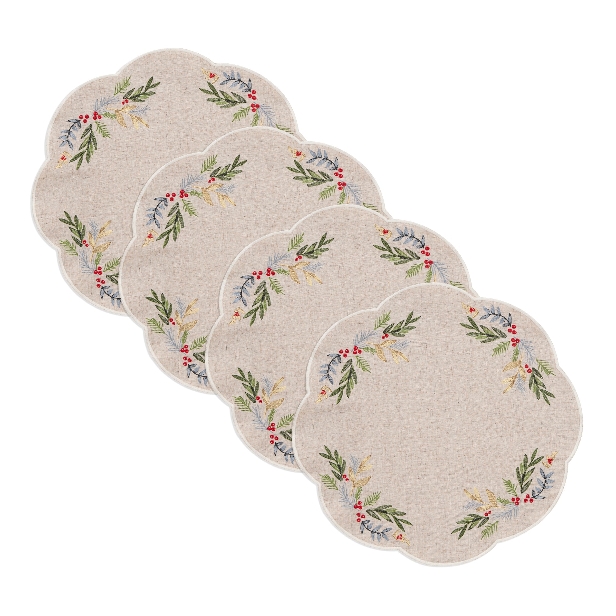 French Perle Holly Embroidered Placemats - Set Of 4