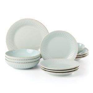 French Perle Groove Ice Blue 12-Piece Dinnerware Set