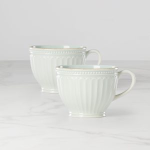 French Perle Groove Blue Latte Mugs - Set of 2