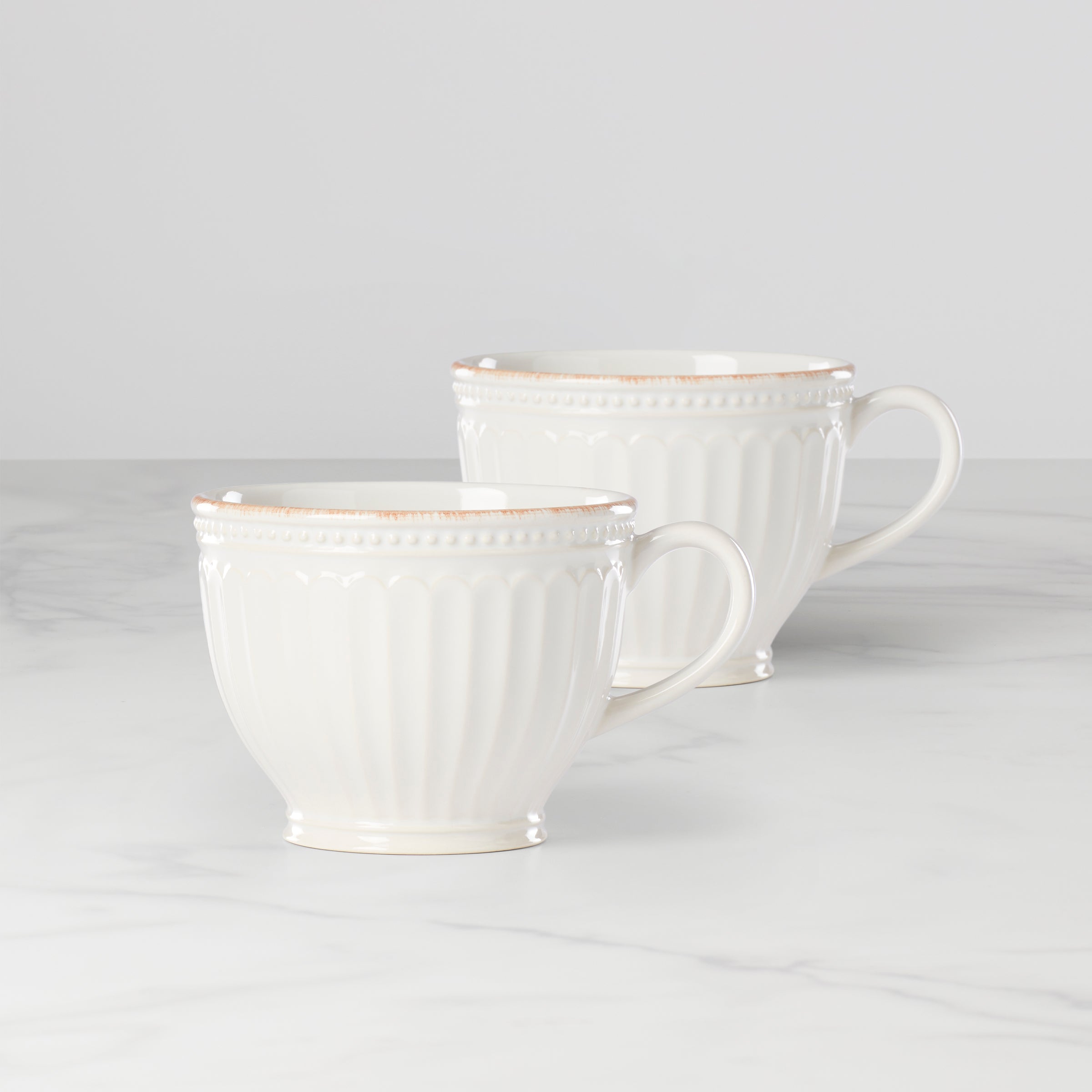 French Perle Groove White Latte Mugs - Set of 2