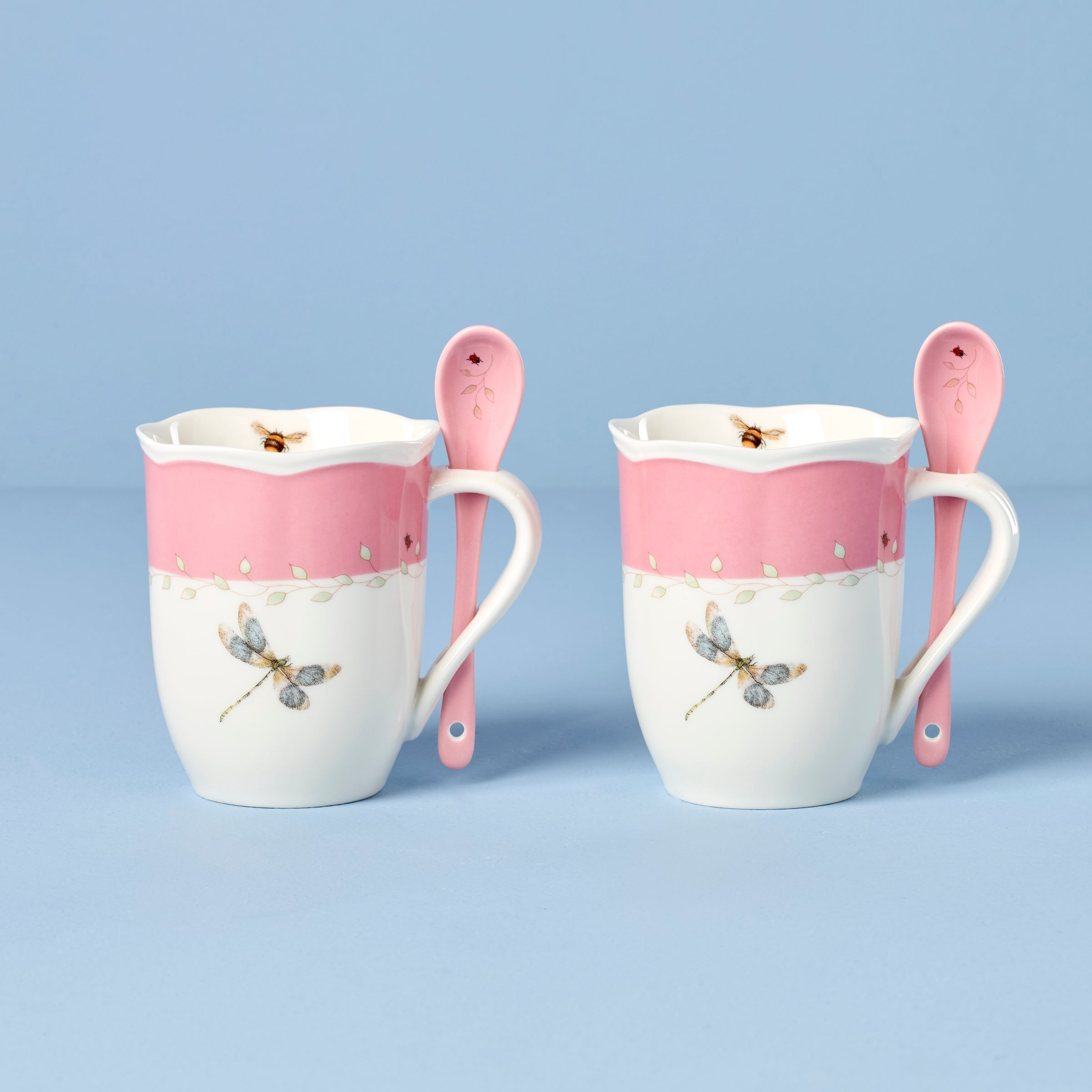 Butterfly Meadow Pink Mugs With Spoons - Set of 2