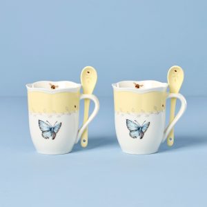 Butterfly Meadow Yellow Mugs With Spoons - Set of 2