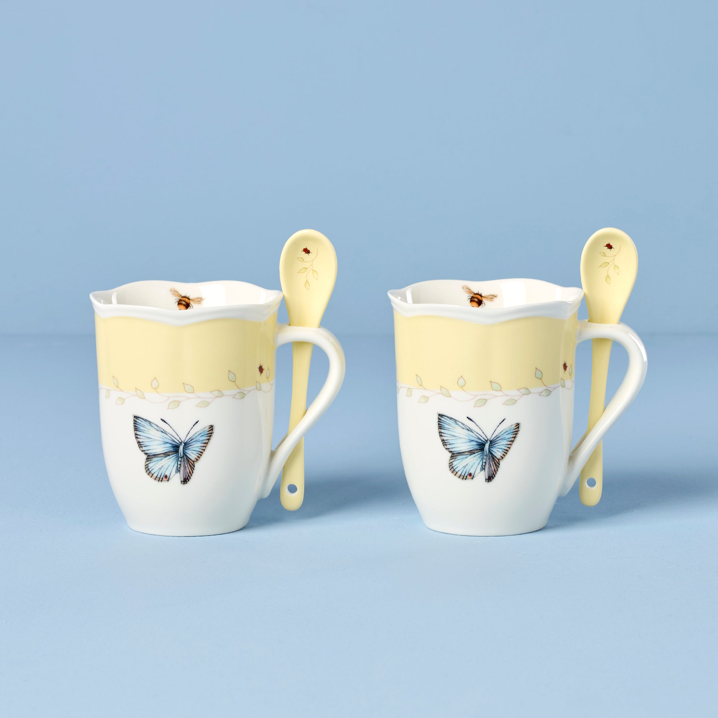 Butterfly Meadow Yellow Mugs With Spoons - Set of 2