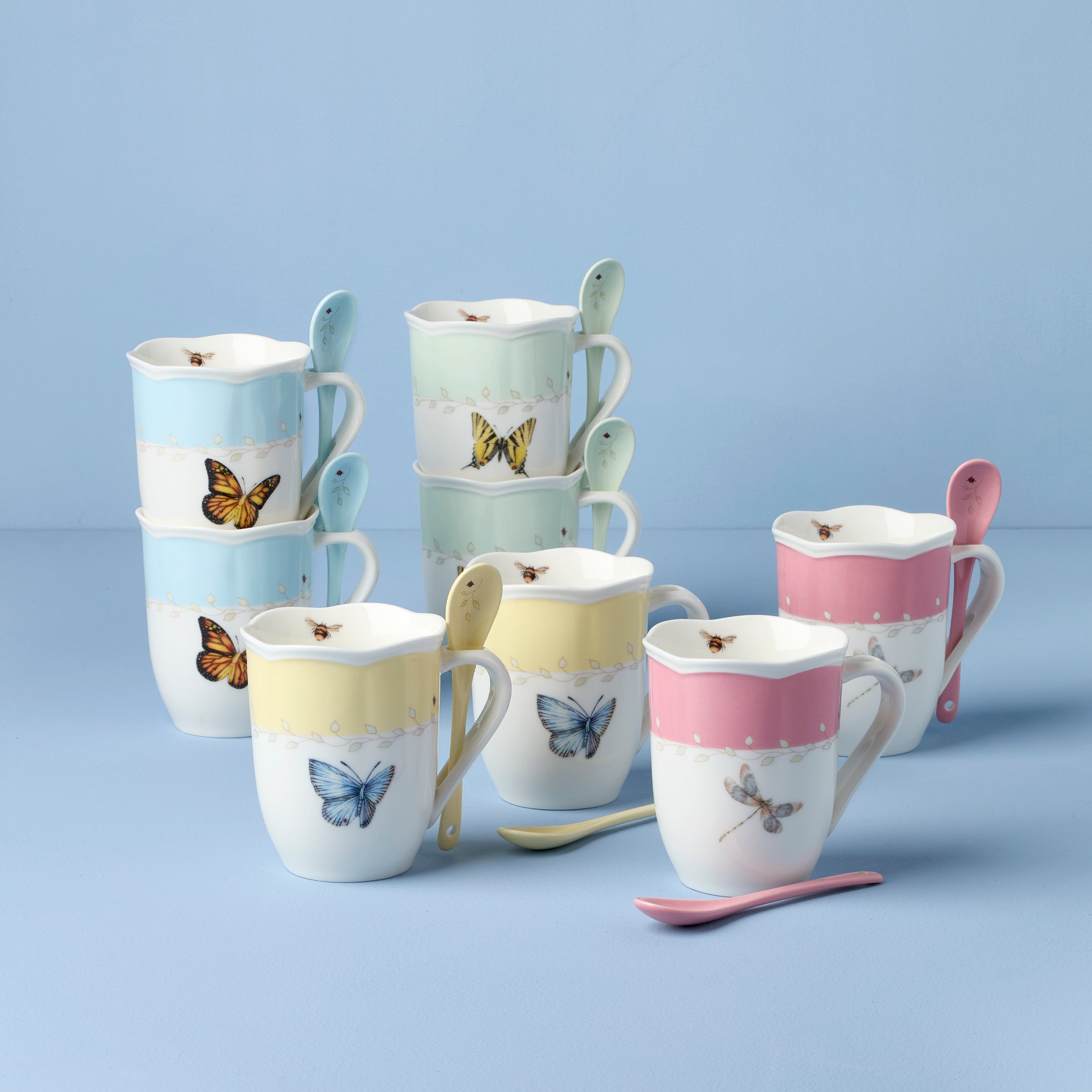 Butterfly Meadow Color Mugs With Spoons - Set of 8