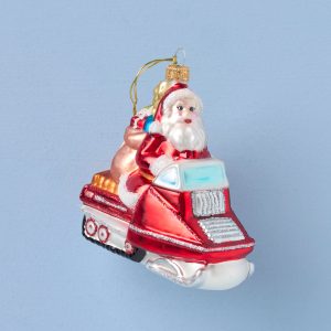 Blown Glass Santa On Snowmobile Ornament