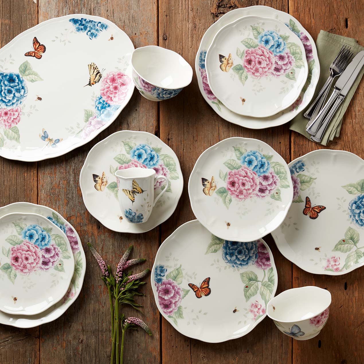 Butterfly Meadow Hydrangea 12-Piece Dinnerware Set - Image 2